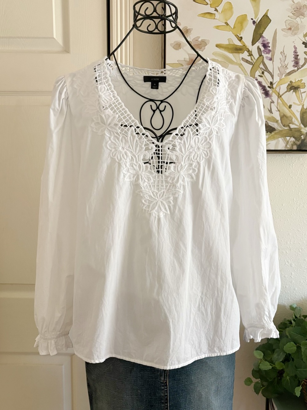 J. Crew White Crochet V-Neck Peasant Top